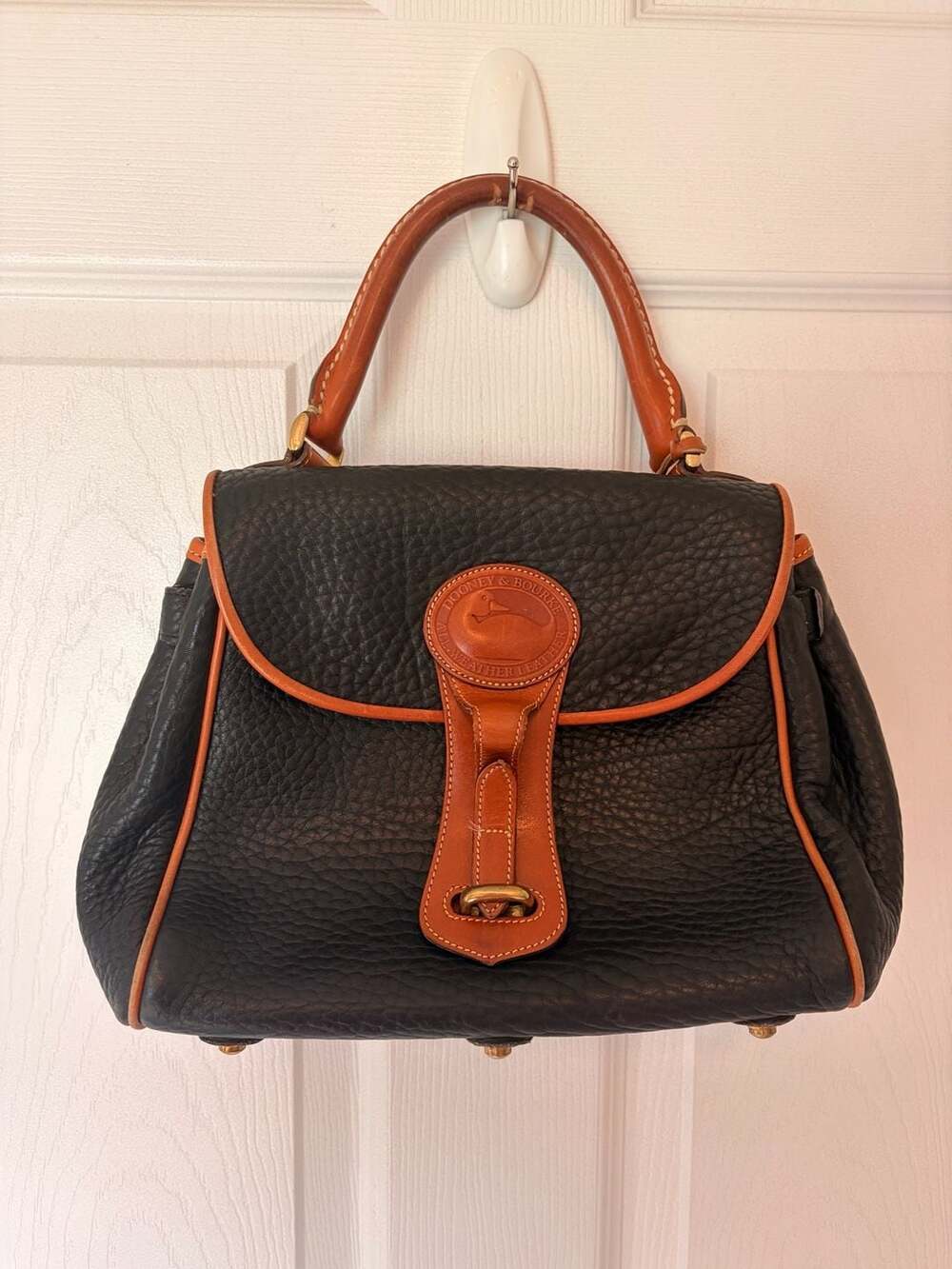 Vintage Dooney & Bourke All-Weather Leather Black and Tan Satchel Handbag